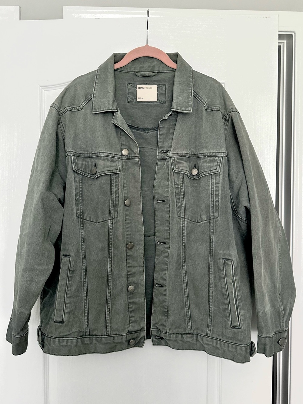 ASOS DIY Muted Green Vintage Wash Denim Jacket with Back Patch Design - Picture 2 of 8